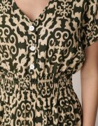 defox Rochie Verde închis din bumbac cu decolteu în V cu nasturi cu elastic în talie Kelea