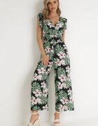 defox Salopetă din bumbac negru-verde cu pantaloni lungi cu imprimeu floral Daina