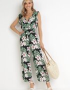 defox Salopetă din bumbac negru-verde cu pantaloni lungi cu imprimeu floral Daina