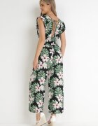 defox Salopetă din bumbac negru-verde cu pantaloni lungi cu imprimeu floral Daina