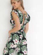defox Salopetă din bumbac negru-verde cu pantaloni lungi cu imprimeu floral Daina