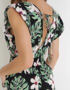 defox Salopetă din bumbac negru-verde cu pantaloni lungi cu imprimeu floral Daina