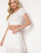 defox Set ajurat alb din bumbac Top cu mânecă scurtă Fustă cu elastic în talie Efirie