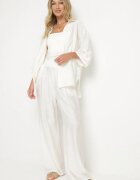 defox Set Alb din Viscoză Cămașă cu Mâneci cu Prindere și Pantaloni Largi Dormoi