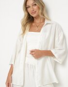 defox Set Alb din Viscoză Cămașă cu Mâneci cu Prindere și Pantaloni Largi Dormoi