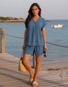 defox Set Albastru cu Vâscoză Bluză Decorată nasturi și Pantaloni scurți Nitamea