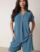 defox Set Albastru cu Vâscoză Bluză Decorată nasturi și Pantaloni scurți Nitamea