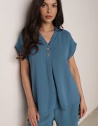 defox Set Albastru cu Vâscoză Bluză Decorată nasturi și Pantaloni scurți Nitamea