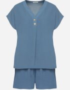 defox Set Albastru cu Vâscoză Bluză Decorată nasturi și Pantaloni scurți Nitamea