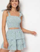 defox Set Albastru deschis Floral Top elastic cu șnururi și Fustă cloș