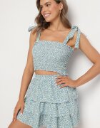 defox Set Albastru deschis Floral Top elastic cu șnururi și Fustă cloș
