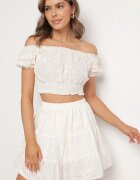 defox Set Bej deschis Perforat din bumbac Top cu mânecă scurtă Fustă cu elastic în talie Efirie