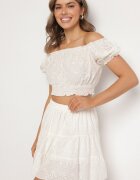 defox Set Bej deschis Perforat din bumbac Top cu mânecă scurtă Fustă cu elastic în talie Efirie