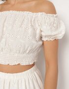 defox Set Bej deschis Perforat din bumbac Top cu mânecă scurtă Fustă cu elastic în talie Efirie