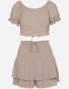 defox Set Bej din Țesătură Gofrată Fustă-Pantaloni scurți și Bluză Spaniolă Sariloria