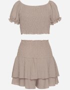 defox Set Bej din Țesătură Gofrată Fustă-Pantaloni scurți și Bluză Spaniolă Sariloria