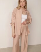 defox Set Bej din Vâscoză Cămașă și Pantaloni Sesanila