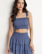 defox Set Bleumarin De Bumbac Top cu funde și Fustă cu volane Saralva