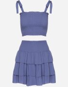 defox Set Bleumarin De Bumbac Top cu funde și Fustă cu volane Saralva