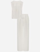 defox Set de vară bogat în vâscoză bluză oversize cu broderie și pantaloni Abis Alb