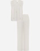 defox Set de vară bogat în vâscoză bluză oversize cu broderie și pantaloni Abis Alb