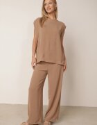 defox Set de vară bogat în vâscoză bluză oversize cu broderie și pantaloni Abis Bej