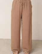 defox Set de vară bogat în vâscoză bluză oversize cu broderie și pantaloni Abis Bej