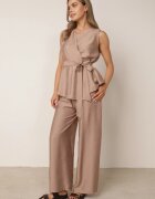 defox Set de vară din vâscoză: bluză petrecută cu tip cravată și pantaloni largi Penolle Bej