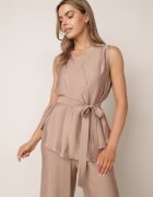 defox Set de vară din vâscoză: bluză petrecută cu tip cravată și pantaloni largi Penolle Bej