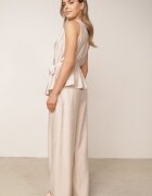 defox Set de vară din vâscoză: bluză petrecută cu tip cravată și pantaloni largi Penolle Bej deschis