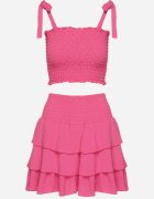 defox Set Fucsia Top elastic cu bretele legate și Fustă evazată Evialia