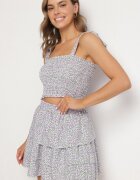 defox Set Mov floral Top elastic cu șireturi și Fustă cloș Natilana