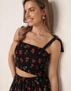 defox Set Negru cu Cireșe Top cu Bretele Nod și Fustă Taliriella