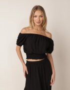defox Set Negru de Vară din Viscoză Bluză Tip Carmen și Fustă Cloș Svaine