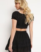 defox Set Perforat Negru din Bumbac Top cu Mânecă Scurtă Fustă cu Elastic în Talie Efirie