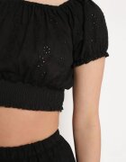 defox Set Perforat Negru din Bumbac Top cu Mânecă Scurtă Fustă cu Elastic în Talie Efirie