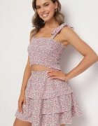 defox Set Roz floral cu Top elastic cu legături și Fustă evazată Natilana