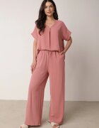 defox Set roz închis din viscoză Bluză cu mânecă scurtă și pantaloni largi cu elastic cu buzunare Efraline