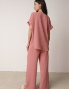 defox Set roz închis din viscoză Bluză cu mânecă scurtă și pantaloni largi cu elastic cu buzunare Efraline