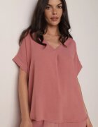 defox Set roz închis din viscoză Bluză cu mânecă scurtă și pantaloni largi cu elastic cu buzunare Efraline