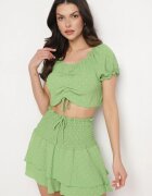 defox Set Verde deschis din Țesătură Texturată Fustă-Pantaloni scurți și Bluză Carmen Sariloria