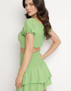 defox Set Verde deschis din Țesătură Texturată Fustă-Pantaloni scurți și Bluză Carmen Sariloria