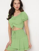 defox Set Verde deschis din Țesătură Texturată Fustă-Pantaloni scurți și Bluză Carmen Sariloria
