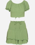 defox Set Verde deschis din Țesătură Texturată Fustă-Pantaloni scurți și Bluză Carmen Sariloria