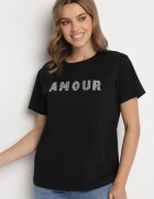 defox T-shirt negru din bumbac decorat cu inscripție brodată cu paiete Marisiana