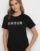 defox T-shirt negru din bumbac decorat cu inscripție brodată cu paiete Marisiana