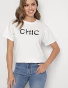 defox Tricou Alb de bumbac cu imprimeu și perle Nalinor