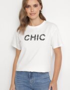 defox Tricou Alb de bumbac cu imprimeu și perle Nalinor