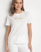 defox Tricou Alb din Bumbac cu Zirconii și Inscripție Nalanielle