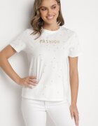defox Tricou Alb din Bumbac cu Zirconii și Inscripție Nalanielle
